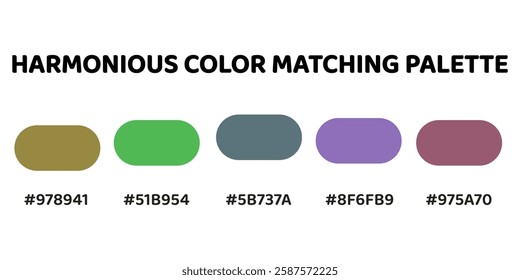 Harmonious color palette perfect for designs that combine earthy and vibrant tones with a touch of elegance. mustard yellow, forest green, slate gray, soft purple, muted rose. 298.