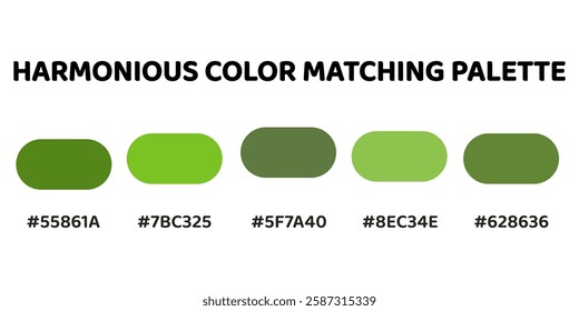 Harmonious color palette perfect for fresh, nature-inspired designs. vibrant green, bright lime, muted olive, soft green, earthy green. 282.