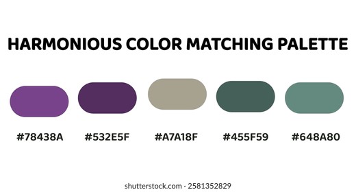 Harmonious color palette. sand, dark olive green, violet, taupe, sea green. This palette creates a cohesive and natural look, perfect for nature-inspired designs. 152.