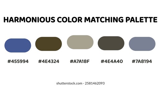 Harmonious color palette. steel blue, dark olive green, taupe, charcoal, light steel blue. This palette creates a cohesive and natural look, perfect for nature-inspired designs. 155.