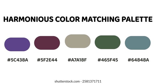 Harmonious color palette. violet, mahogany, taupe, sea green, steel blue. This palette combines warm and cool tones, creating a balanced and visually appealing aesthetic. 154.