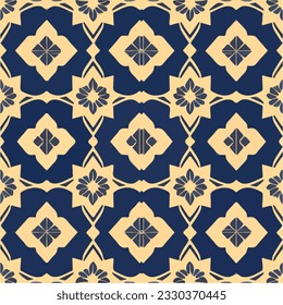 Harmonious combination of blue and yellow hues in a symmetrical pattern, designed to seamlessly repeat, making it ideal for fabric or decorative purposes.