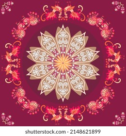 Composición armoniosa con Mandala grande, patrones de paisajes y pájaros fabulosos sobre fondo morado. Hermosa impresión para manteles, cojines, mantas, manteles, moqueta en el suelo cuadrado. Estilo étnico. 