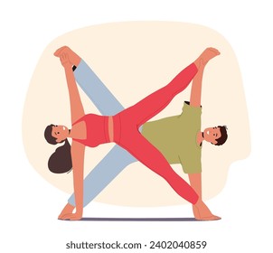 Harmonious Couple Balances Gracefully In Mesmerizing Acro Yoga, Intertwining Limbs In Poses That Defy Gravity, Creating Captivating Dance Of Strength, Trust And Connection. Cartoon Vector Illustration