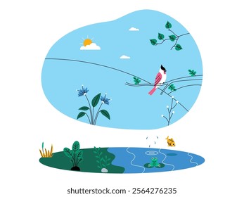 Harmonious ecosystem of lake with water, a frog jumping and a fish swimming, various kinds of green and lush aquatic and terrestrial plants, and a bird perching on a tree branch, vector illustration.