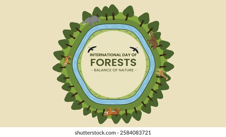 A harmonious illustration for the International Day of Forests, showing a river winding through trees and wildlife, symbolizing the delicate balance of nature and the vital role forests play 