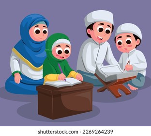 harmonious muslim family is learning to read quran. parents teach their children to read the quran