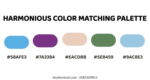 Harmonious palette blends soft blues and purples with earthy greens for a balanced, natural aesthetic. vibrant blue, deep purple, pale beige, muted green, soft blue. Ideal for creative designs. 231.