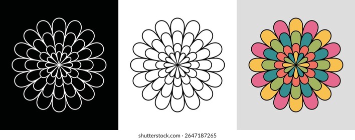 Mandala de meditação pétala harmoniosa com anéis em camadas e acentos brilhantes para decoração serena.
