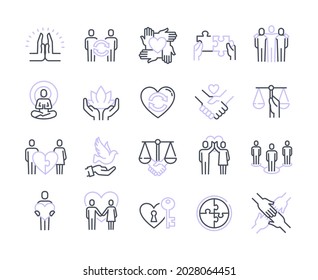 Harmonious relationship vector icons set. Interaction, joint development, equality symbols. Infographics, linear pictograms. Collection of flat outline minimal style line art vector illustrations