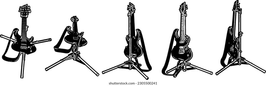 Harmonious Serenade: Guitar on Stand Silhouette Set from Various Perspectives, Guitar on Stand Silhouette Collection in Various Perspectives