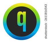 Harmonious Sunny Yellow, Fresh Grass Green, and Deep Ocean Blue Gradient Symbol Lowercase Letter q on a Dark Slate Gray Circle with a Matching Seamless Color Transition Ring