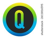 Harmonious Sunny Yellow, Fresh Grass Green, and Deep Ocean Blue Gradient Symbol Capital Letter Q on a Dark Slate Gray Circle with a Matching Seamless Color Transition Ring
