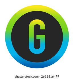 Harmonious Sunny Yellow, Fresh Grass Green, and Deep Ocean Blue Gradient Symbol Capital Letter G on a Dark Slate Gray Circle with a Matching Seamless Color Transition Ring