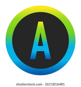 Harmonious Sunny Yellow, Fresh Grass Green, and Deep Ocean Blue Gradient Symbol Capital Letter A on a Dark Slate Gray Circle with a Matching Seamless Color Transition Ring