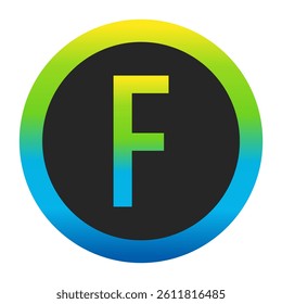Harmonious Sunny Yellow, Fresh Grass Green, and Deep Ocean Blue Gradient Symbol Capital Letter F on a Dark Slate Gray Circle with a Matching Seamless Color Transition Ring