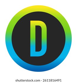 Harmonious Sunny Yellow, Fresh Grass Green, and Deep Ocean Blue Gradient Symbol Capital Letter D on a Dark Slate Gray Circle with a Matching Seamless Color Transition Ring
