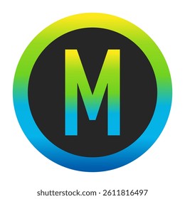 Harmonious Sunny Yellow, Fresh Grass Green, and Deep Ocean Blue Gradient Symbol Capital Letter M on a Dark Slate Gray Circle with a Matching Seamless Color Transition Ring