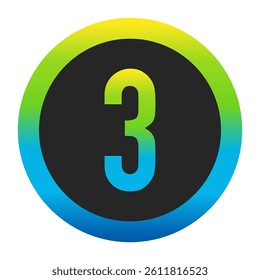 Harmonious Sunny Yellow, Fresh Grass Green, and Deep Ocean Blue Gradient Symbol Number 3 on a Dark Slate Gray Circle with a Matching Seamless Color Transition Ring