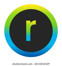 Harmonious Sunny Yellow, Fresh Grass Green, and Deep Ocean Blue Gradient Symbol Lowercase Letter r on a Dark Slate Gray Circle with a Matching Seamless Color Transition Ring