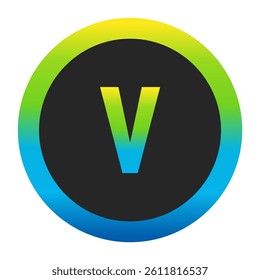 Harmonious Sunny Yellow, Fresh Grass Green, and Deep Ocean Blue Gradient Symbol Lowercase Letter v on a Dark Slate Gray Circle with a Matching Seamless Color Transition Ring