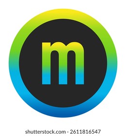 Harmonious Sunny Yellow, Fresh Grass Green, and Deep Ocean Blue Gradient Symbol Lowercase Letter m on a Dark Slate Gray Circle with a Matching Seamless Color Transition Ring