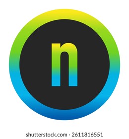 Harmonious Sunny Yellow, Fresh Grass Green, and Deep Ocean Blue Gradient Symbol Lowercase Letter n on a Dark Slate Gray Circle with a Matching Seamless Color Transition Ring