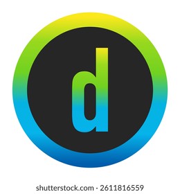 Harmonious Sunny Yellow, Fresh Grass Green, and Deep Ocean Blue Gradient Symbol Lowercase Letter d on a Dark Slate Gray Circle with a Matching Seamless Color Transition Ring