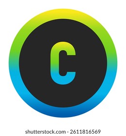 Harmonious Sunny Yellow, Fresh Grass Green, and Deep Ocean Blue Gradient Symbol Lowercase Letter c on a Dark Slate Gray Circle with a Matching Seamless Color Transition Ring
