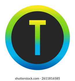 Harmonious Sunny Yellow, Fresh Grass Green, and Deep Ocean Blue Gradient Symbol Capital Letter T on a Dark Slate Gray Circle with a Matching Seamless Color Transition Ring