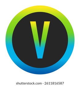 Harmonious Sunny Yellow, Fresh Grass Green, and Deep Ocean Blue Gradient Symbol Capital Letter V on a Dark Slate Gray Circle with a Matching Seamless Color Transition Ring