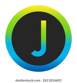 Harmonious Sunny Yellow, Fresh Grass Green, and Deep Ocean Blue Gradient Symbol Capital Letter J on a Dark Slate Gray Circle with a Matching Seamless Color Transition Ring