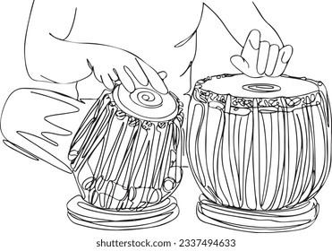 Harmonious Tabla Tales: A One-Line Cartoon Illustration, One-Line Sketch Drawing of Traditional Musician, Rhythmic Tabla Player