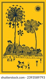 Harmonious Warli Art: Coconut Tree, Jungle, Indian Farming, and Farmer's Tale. Illustration, Vector, Drawing.