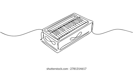 harmonium continuous one line drawing, Harmonium one line art. Continuous line drawing of harmonium, indian, music, india, sitar, classical, traditional, dhol, dholak, traditional, musical, national, folk