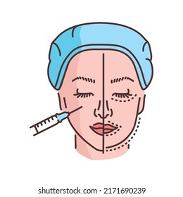 Harmonization of the profile with a filler color line illustration. Hyaluronic injection. Cosmetology skin care concept. 