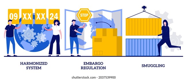 Sistema armonizado, regulación del embargo, concepto de contrabando con personas pequeñas. Conjunto de ilustraciones vectoriales abstractas de la industria logística. Limitaciones del comercio de mercancías, control aduanero, metáfora del contrabando.