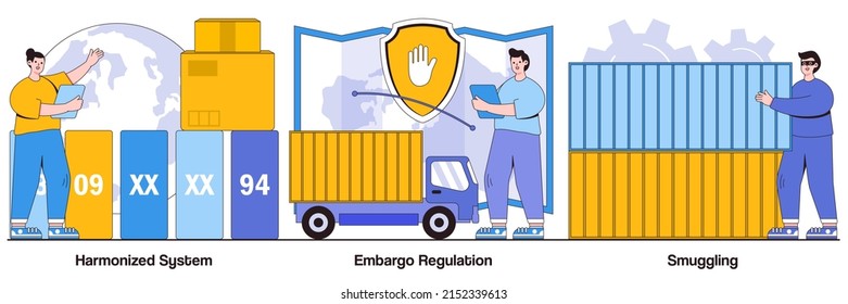 Harmonized system, embargo regulation, smuggling concepts with people characters. Trading goods limitations, customs control, export and import prohibition, contraband vector illustrations pack.