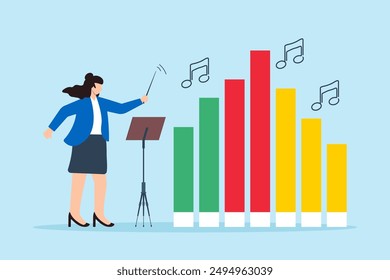 Harmonizing business strategies, orchestrating market growth, data-driven performance, strategic concept vector illustration. Analyst conducting orchestra of bar graphs