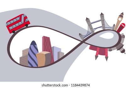 The Harmony of Antiquity and Modern Times in London, vector illustration of english capital: old city center and new business centers, combined with Thames river and road with going bus on it