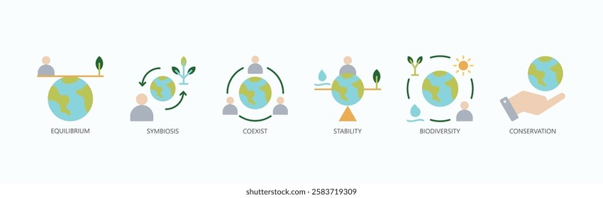 Harmony In Balance Icon Set Isolated Vector With Icon Of Equilibrium, Symbiosis, Coexist, Stability, Biodiversity, Conservation In Flat Style