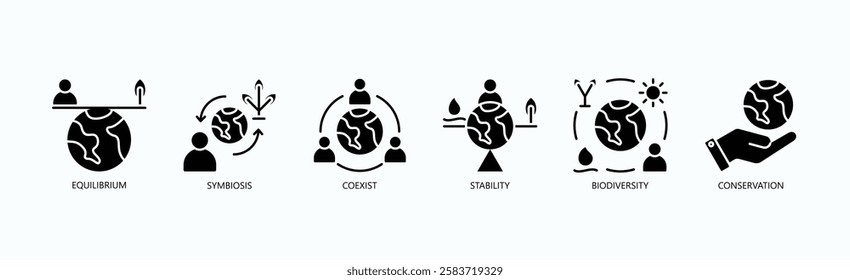 Harmony In Balance Icon Set Isolated Vector With Icon Of Equilibrium, Symbiosis, Coexist, Stability, Biodiversity, Conservation In Glyph Style