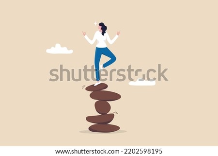 Harmony, balance or meditation, mindfulness relaxation for life wellness, zen or spiritual therapy, focus or concentration concept, calm young woman meditate in yoga pose and balance on rock stack.