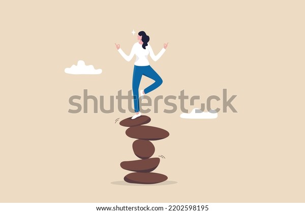 Harmony, balance or meditation, mindfulness\
relaxation for life wellness, zen or spiritual therapy, focus or\
concentration concept, calm young woman meditate in yoga pose and\
balance on rock\
stack.