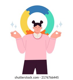 Harmony balance and personal integrity concept. Smiling woman with eyes closed standing feeling balance with colorful circle. Vector illustration
