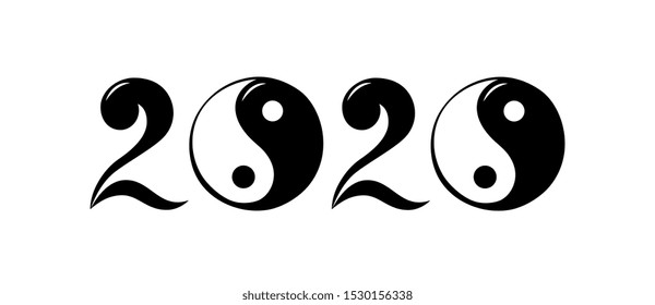 Harmony, balance symbol 2020 yin yang whimsical calendar number motif. Minimalist flat typography black and white simplicity concept. Print block for greeting card, invitation, flyer, poster, banner.