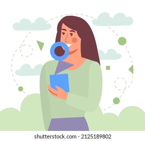 Harmony and balance. Young girl smiles, holding geometric shapes in her hands. Metaphor of psychology and mental confidence. Happy character, inner certainty. Cartoon flat vector illustration