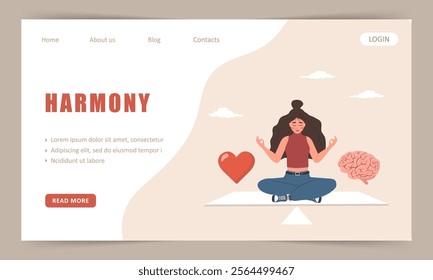 Harmony of Brain and Heart. Landing page template. Woman make decision consider emotion and wisdom. Flat design. Vector illustration in cartoon style.