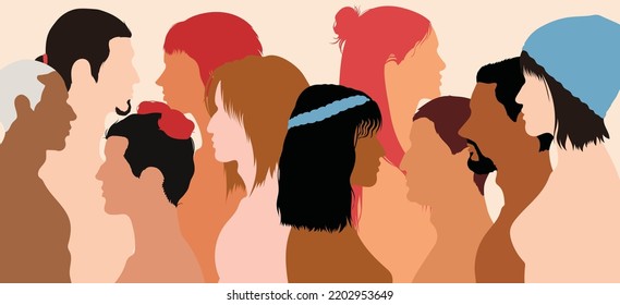 The harmony of collaboration, friendship, and teamwork between people of diverse races or cultures in a society or community. People of different cultures in a flat cartoon.