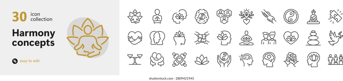 Harmony concepts 30 outline icon set for meditation yoga and spiritual wellness